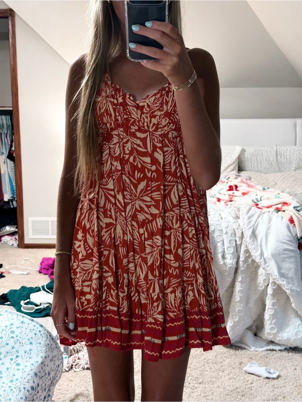 Angie Rust-Orange Floral Tiered Mini Dress